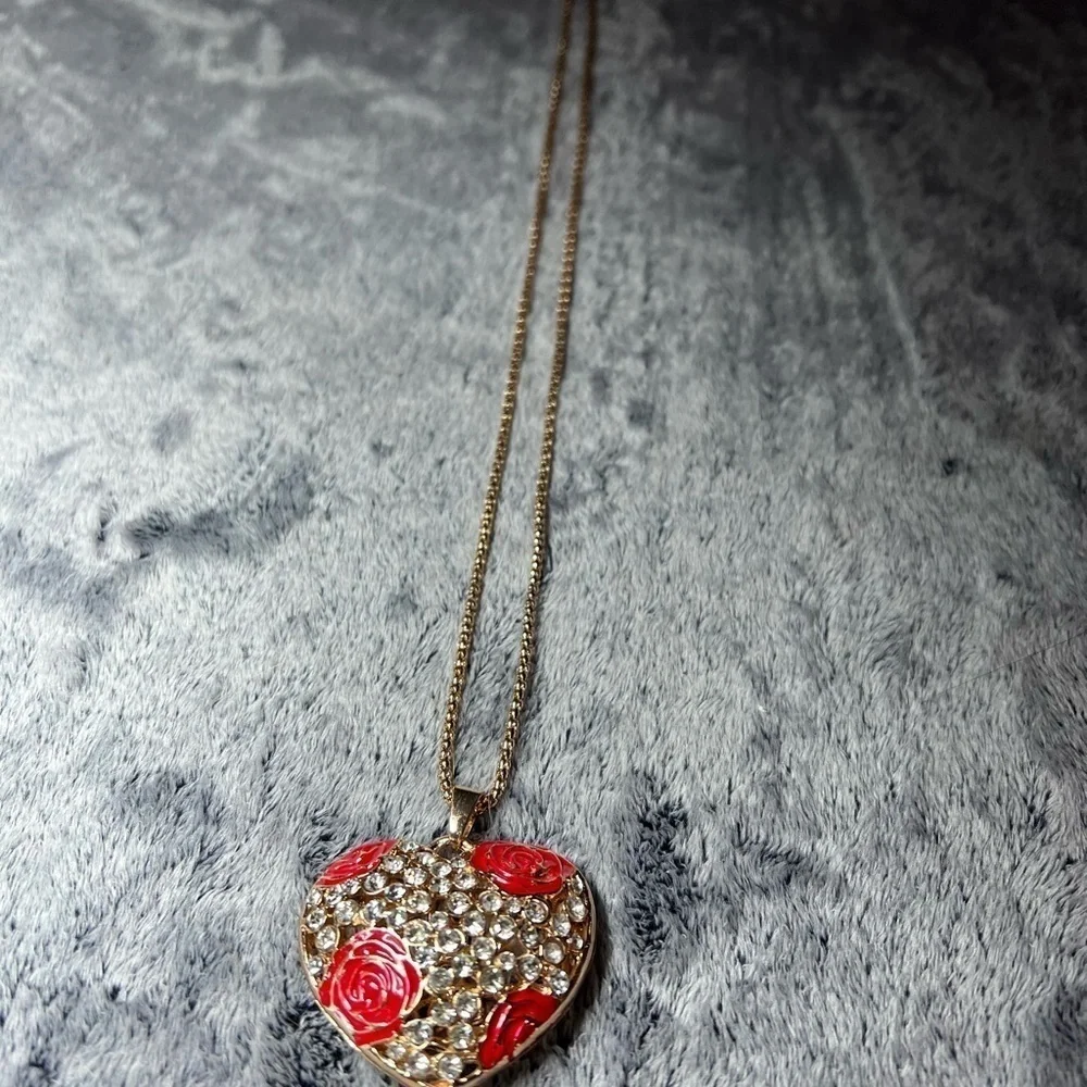 Betsey Johnson Rhinestone Rose Heart Necklace